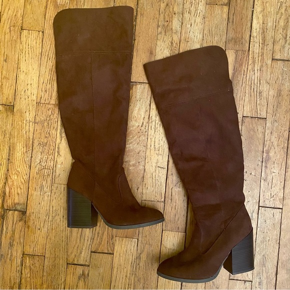 Qupid Shoes Quips Chocolate Brown Knee High Faux Suede Slouch Boot